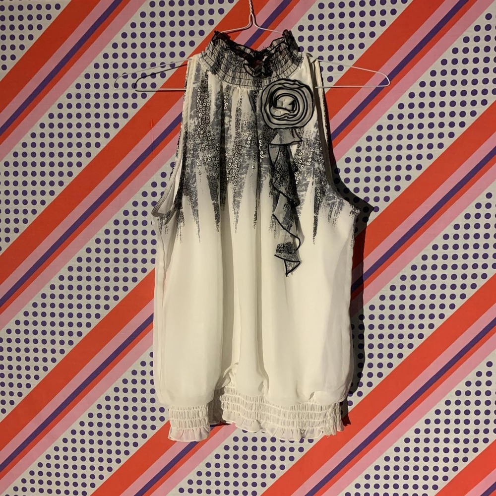 A. Byer Women White Black Floral Business Casual Sleeveless Blouse Large